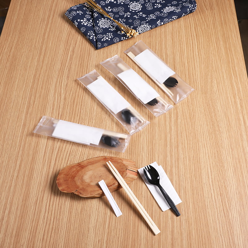 ชุดตะเกียบไม้ไผ่แบบใช้แล้วทิ้ง 4 ชิ้นพร้อมชุดฟิล์มคอมโพสิต Spork Serviette Frosted